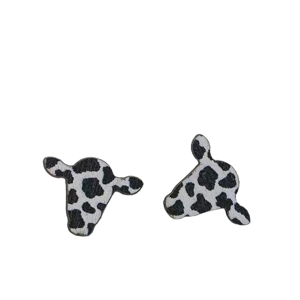 Small Wooden Black and White Cow Head Earrings